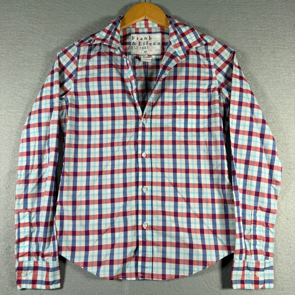 Frank & Eileen Barry Plaid Button Up Shirt Womens XS Red Blue Italian Cotton USA